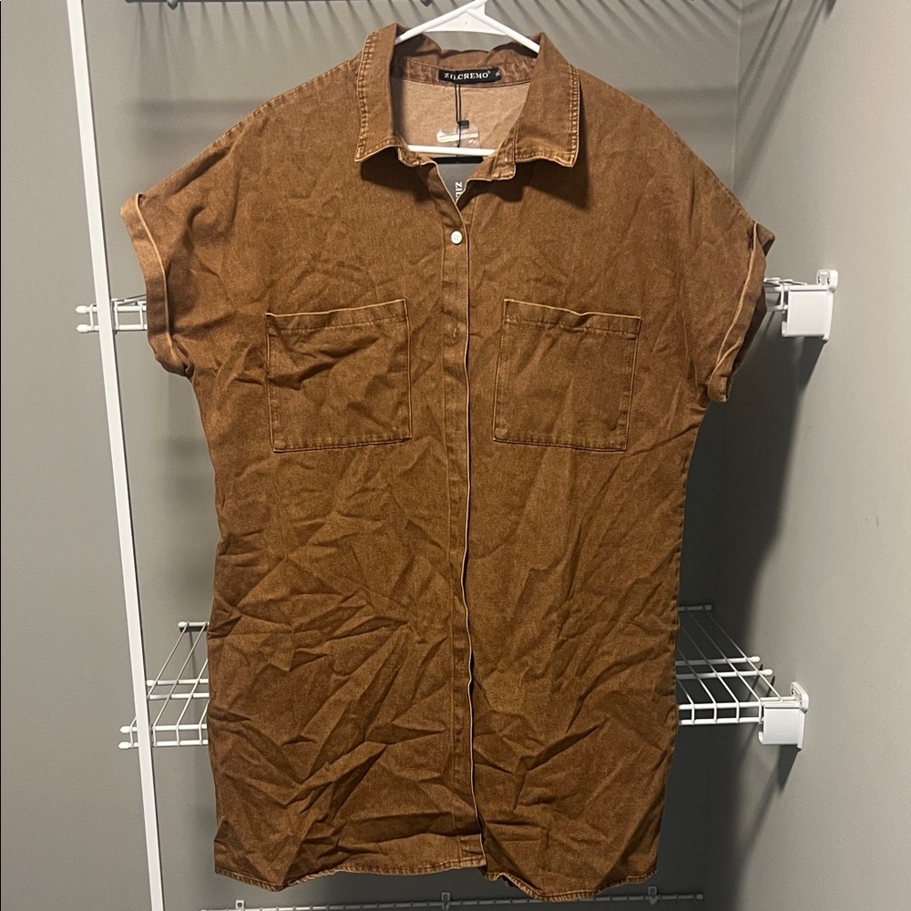 Valentina Brown Mini Shirt Dress